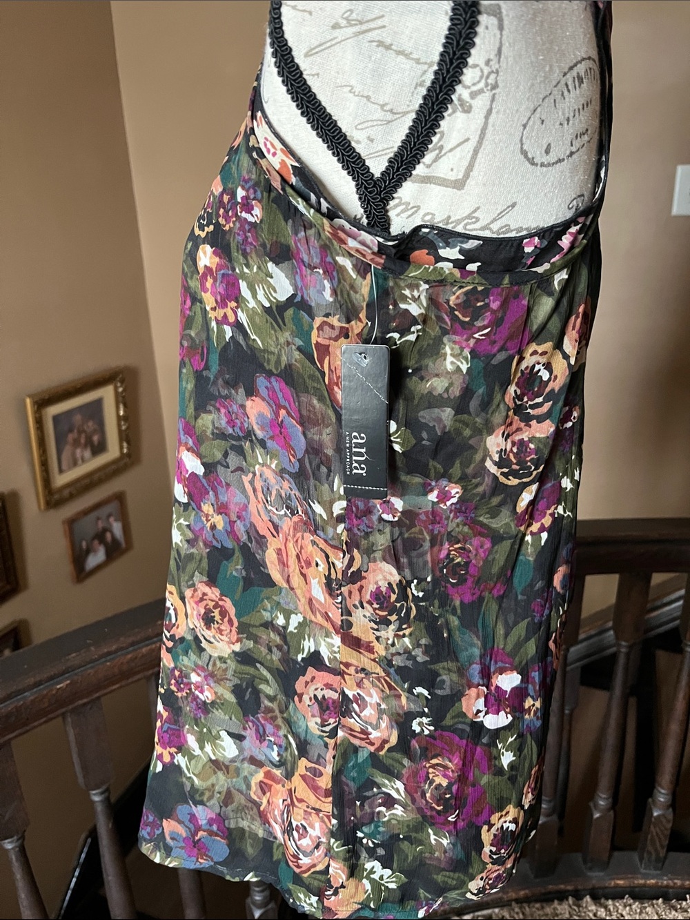 a.n.a Floral Tank Top in Black with Purple & Green Flowers - Picture 3 of 3